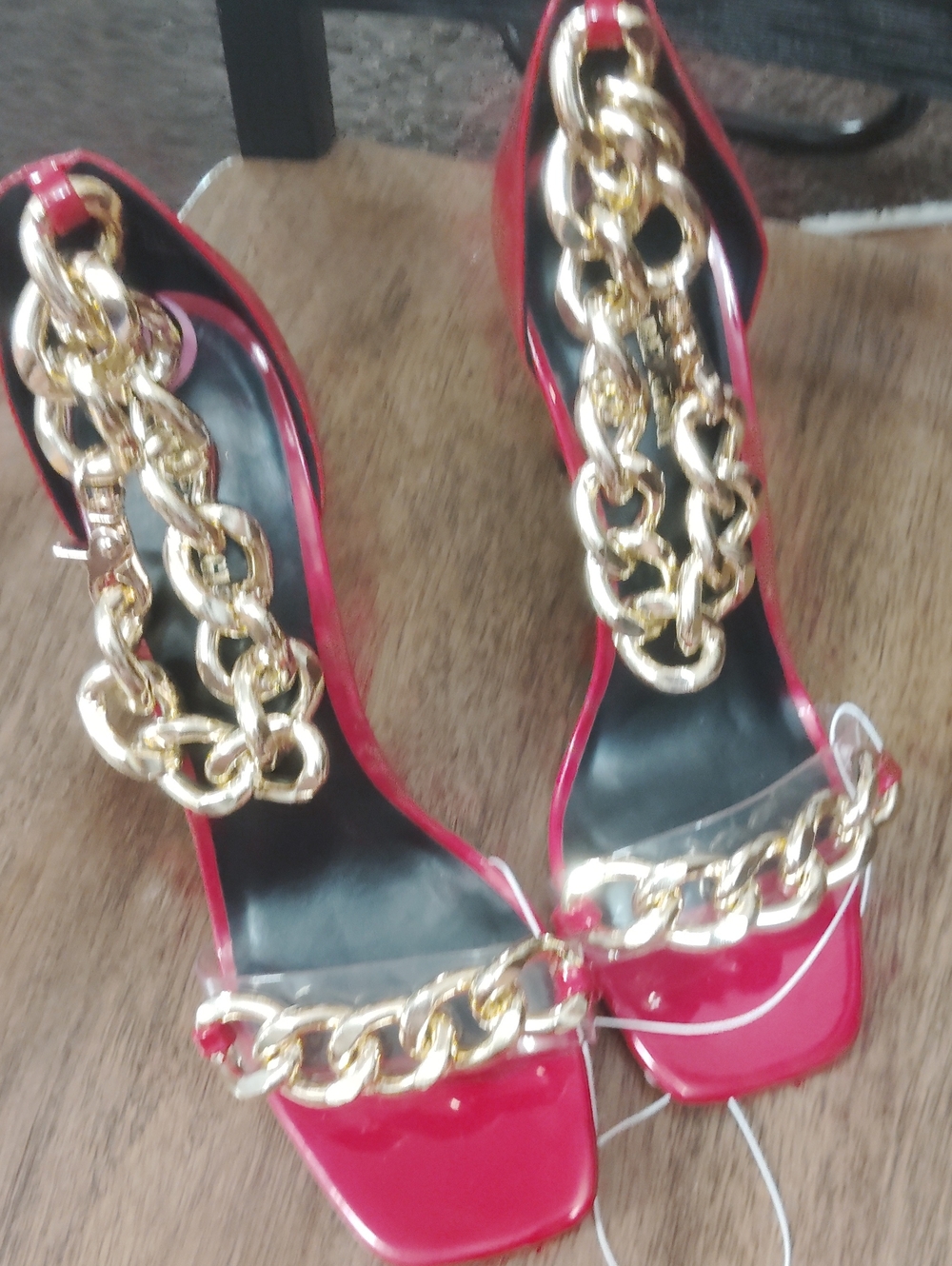 True Religion Red Patent Heeled Sandals with Gold Chain